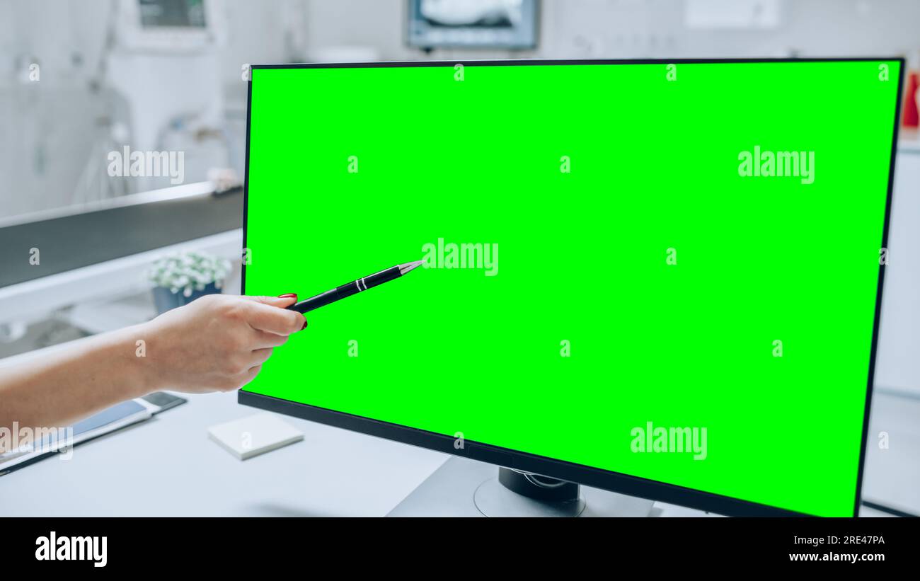 Weibliche und männliche Veterinäre, die Gesundheitsuntersuchungen auf einem Haustier durchführen. Fachtierarzt in einer modernen Veterinärklinik mit Green Screen Monitoren Stockfoto
