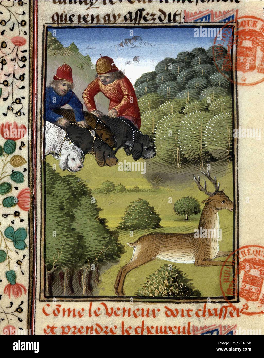 Scene de chasse a courre: un bon veneur, prendre le chevreuil - in 'Livre de Chasse de Gaston Phoebus, Comte de Foix, Seigneur de Bearn', XIVeme siecle - Bibliotheque Mazarine - Paris - Frankreich Stockfoto