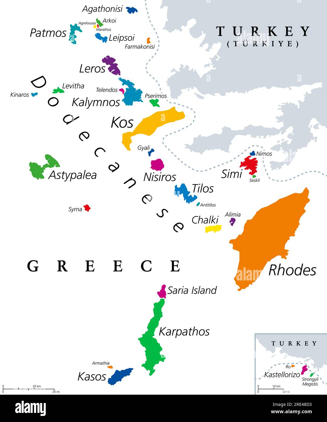 Dodekanesische Inseln, farbige politische Karte. Griechische Inselgruppe im südöstlichen Ägäischen Meer und östlichem Mittelmeer vor der türkischen Küste. Stockfoto