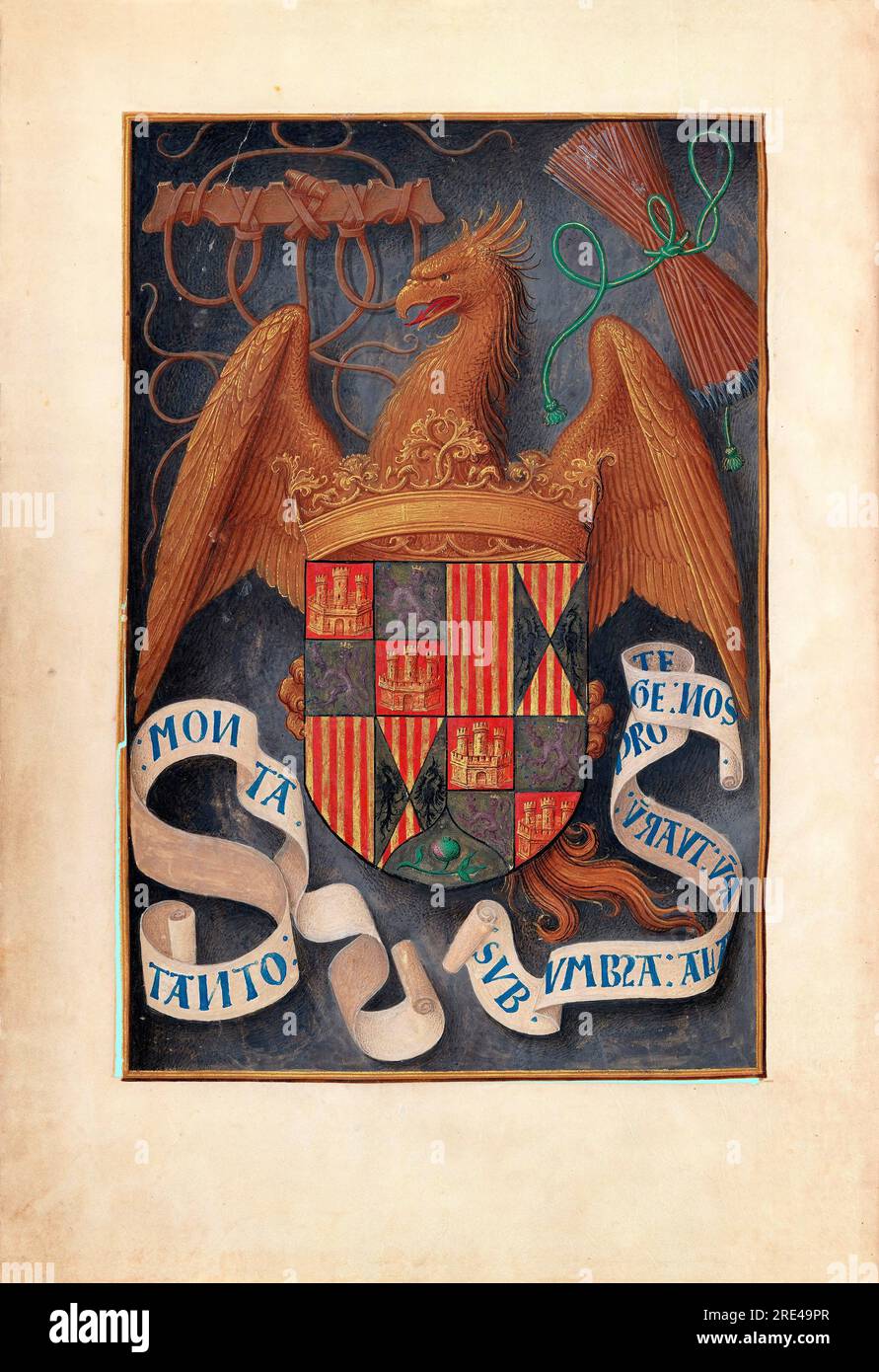 Stunden der katholischen Königin Isabella, der spanischen Königin: FOL. 1V, Arms and Mottoes of Isabel la Católica (c. 1495-1500) von Master of the First Prayerbook of Maximillian Stockfoto