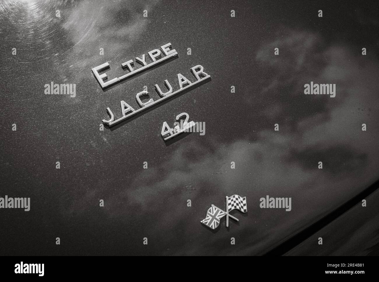 Das Chromlogo auf einem 4,2-Liter-E-Type Jaguar wird auf einer Oldtimer-Ausstellung in Strorrington, West Sussex, Großbritannien, ausgestellt. Stockfoto