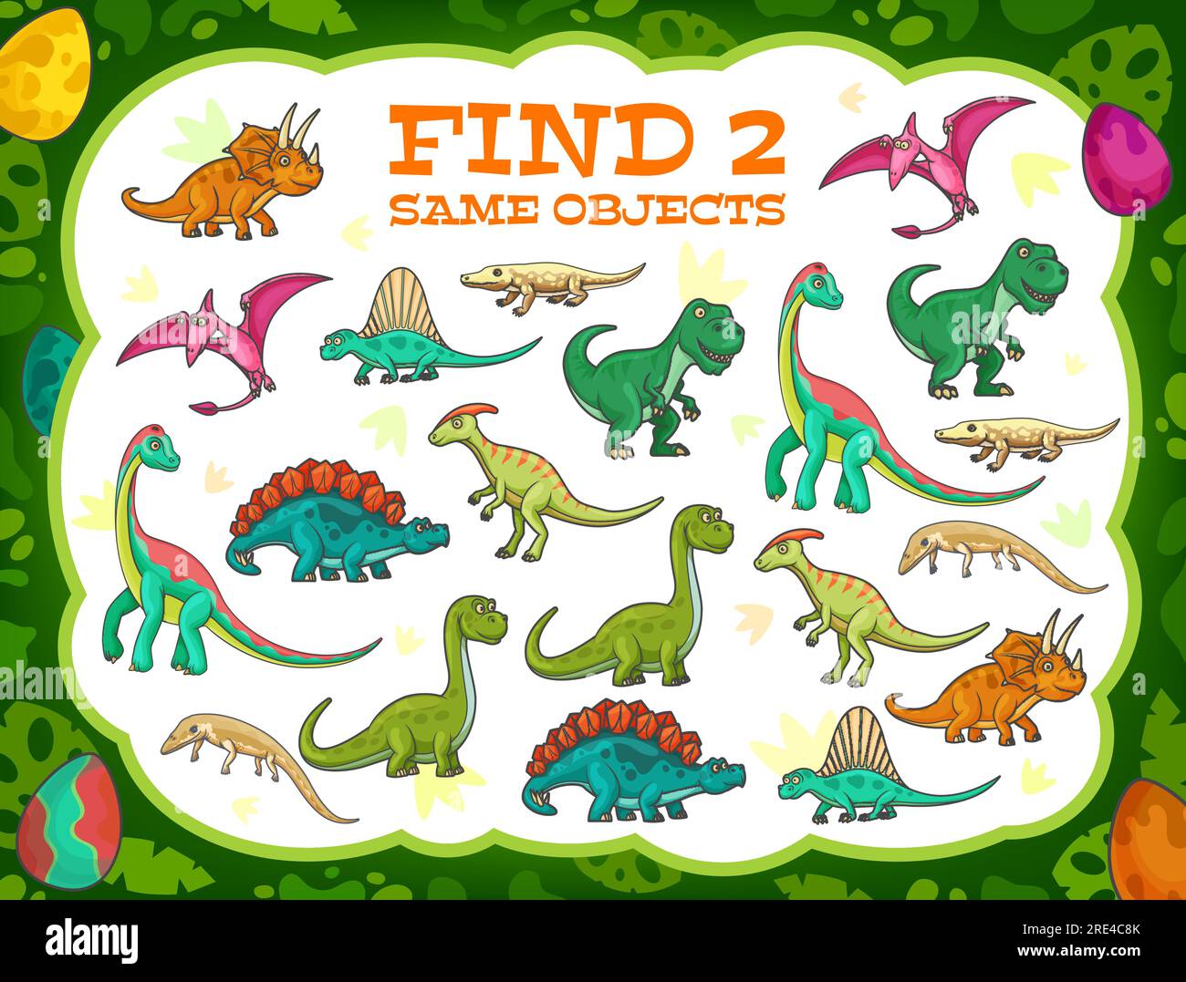 Im Dschungel finden Kinder zwei Dinosaurier, die denselben Cartoon spielen. Vektorspiel mit niedlichen Reptilien und Dino-Figuren. Pädagogische Kinder rätseln sich mit lustigen prähistorischen Eidechsen, Baby-Puzzle, Freizeitbeschäftigung Stock Vektor