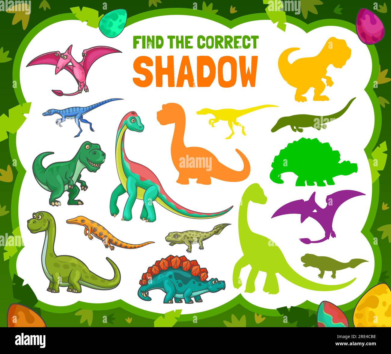 Finde den richtigen Schatten von Cartoon-Dinosauriern. Vector-Kinderspiel Wählen Sie die richtige Dino-Silhouette aus, um mit niedlichen jurassic Ages lustigen Tieren ein Rätsel zu lösen. Pädagogisches Arbeitsblatt für Kinder, Puzzleaufgabe zur Bewusstseinsentwicklung Stock Vektor