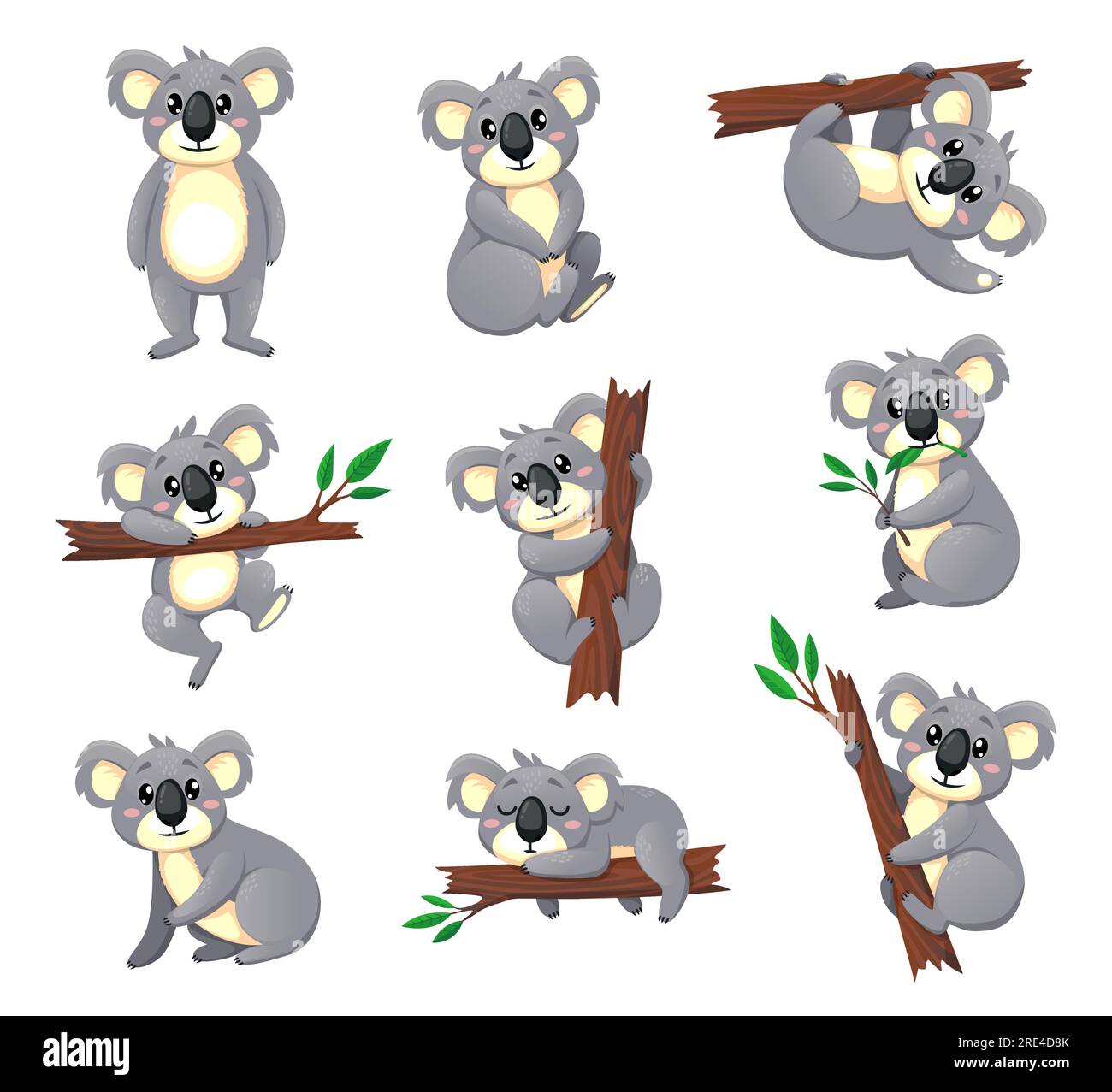 Cartoon-Koalabären-Vektorfiguren, lustige Koalabäcke essen und spielen auf Eukalyptusbaum-Ast. Süße australische Tiere, graue Bären in verschiedenen Posen, stehen, sitzen, klettern, schlafen, Futtersuche Stock Vektor