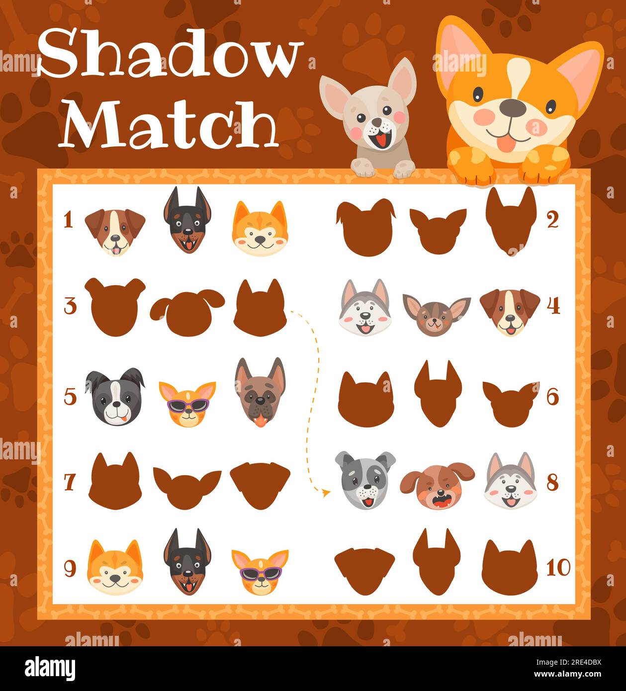Schattenspiel mit Cartoon-Welpen und Hunden. Kindererziehung Rätsel-Spiel. Finde eine passende Silhouette mit niedlichen Tieren. Vektorboardspiel für Kinder, Logikaktivität, Arbeitsblatt für die Gedankenentwicklung Stock Vektor