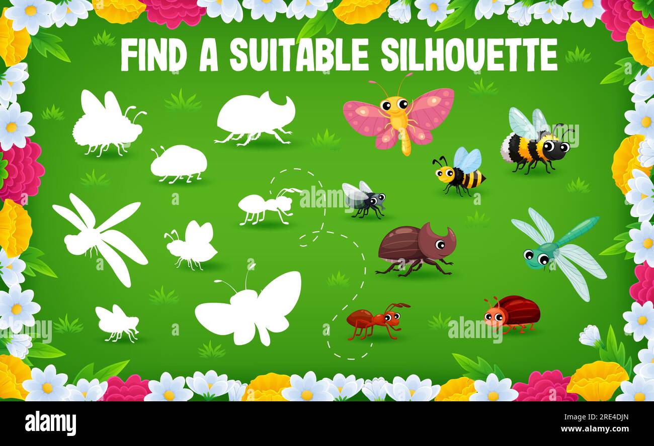 Finde auf der Sommerwiese den richtigen Schatten von Cartoon-Insektenfiguren. Vektorarbeitsblatt mit Lernaktivitäten für Kinder, passendem Spiel, Puzzle oder Gedächtnistest mit Silhouetten aus Schmetterling, Biene, Ameise und Fliege Stock Vektor