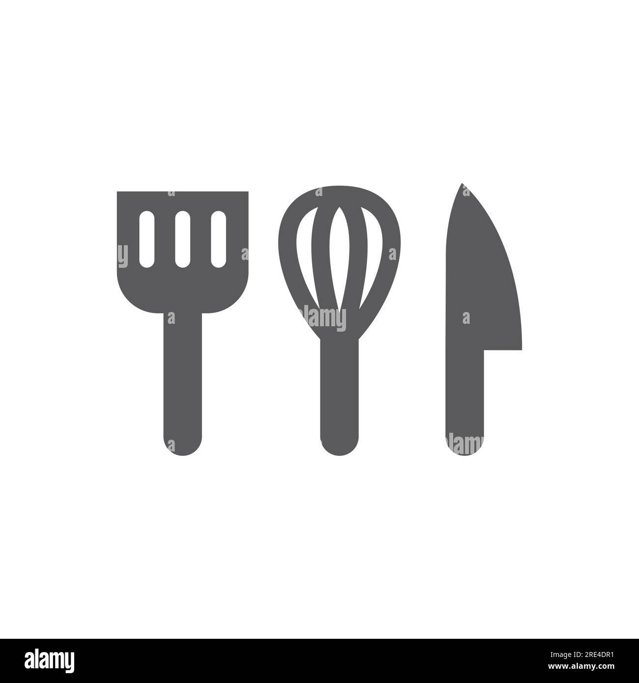 Symbole für Eierquirl, Spatel und Messervektor. Schneebesen, Küchenutensilien, Symbolset. Stock Vektor