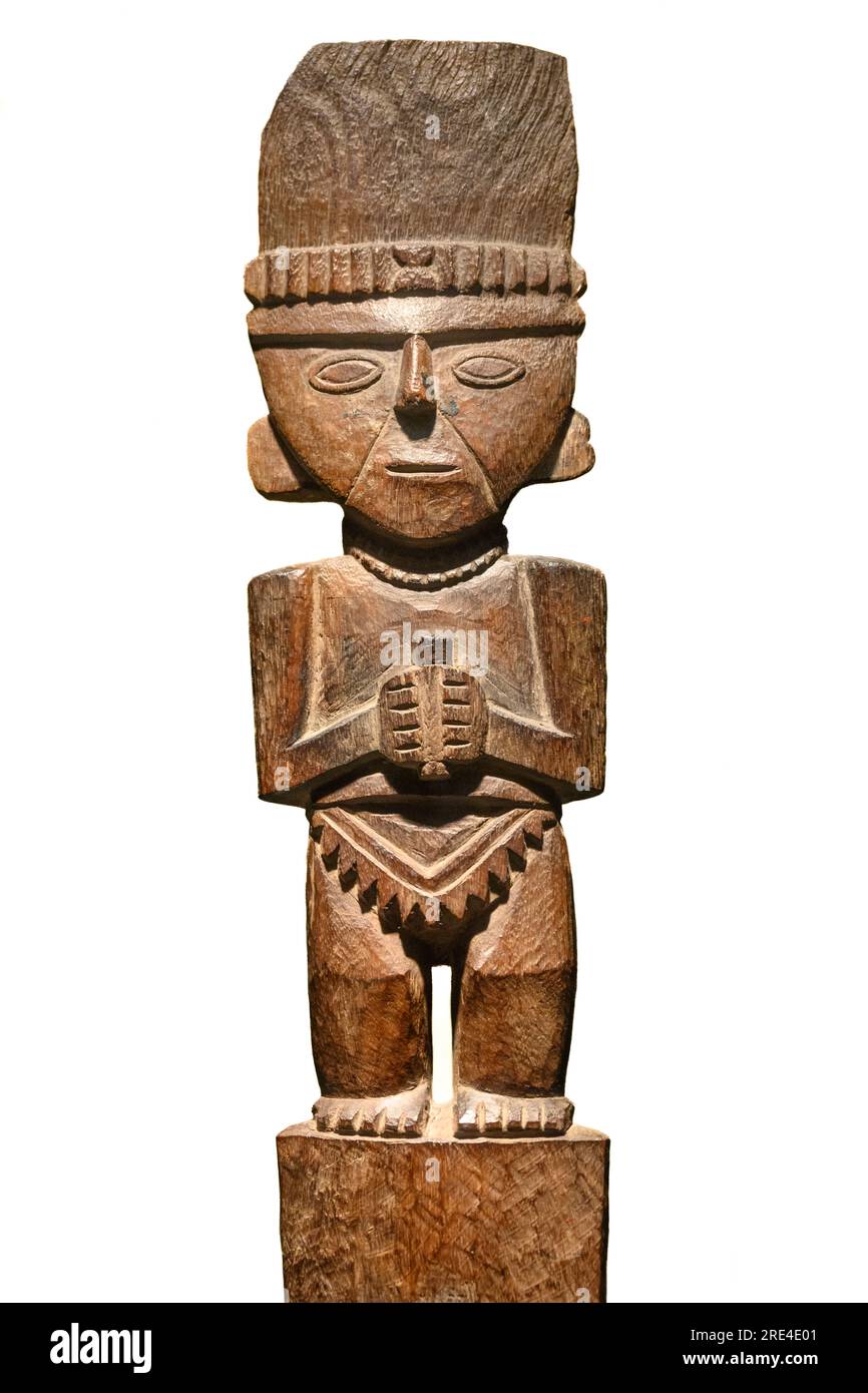 Eine geschnitzte Holzstatue, die als Opfer verwendet wurde. 1100–1400 N. CHR. Chimu-Kultur, Peru. Stockfoto