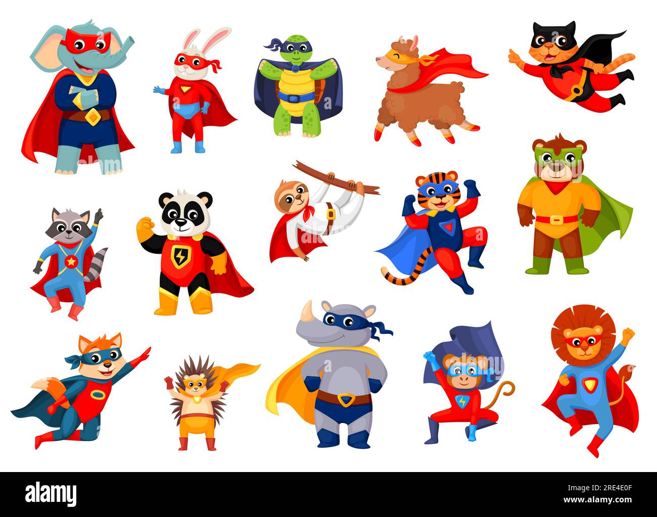 Komische Cartoon-Tiere, Superhelden-Charaktere und Persönlichkeiten, isolierter Vektor. Superhelden und Rettungskräfte, Panda in Power Cape und Katzenverteidiger oder Löwenwächter und Bär mit Schildkröte in Ninja Maske Stock Vektor