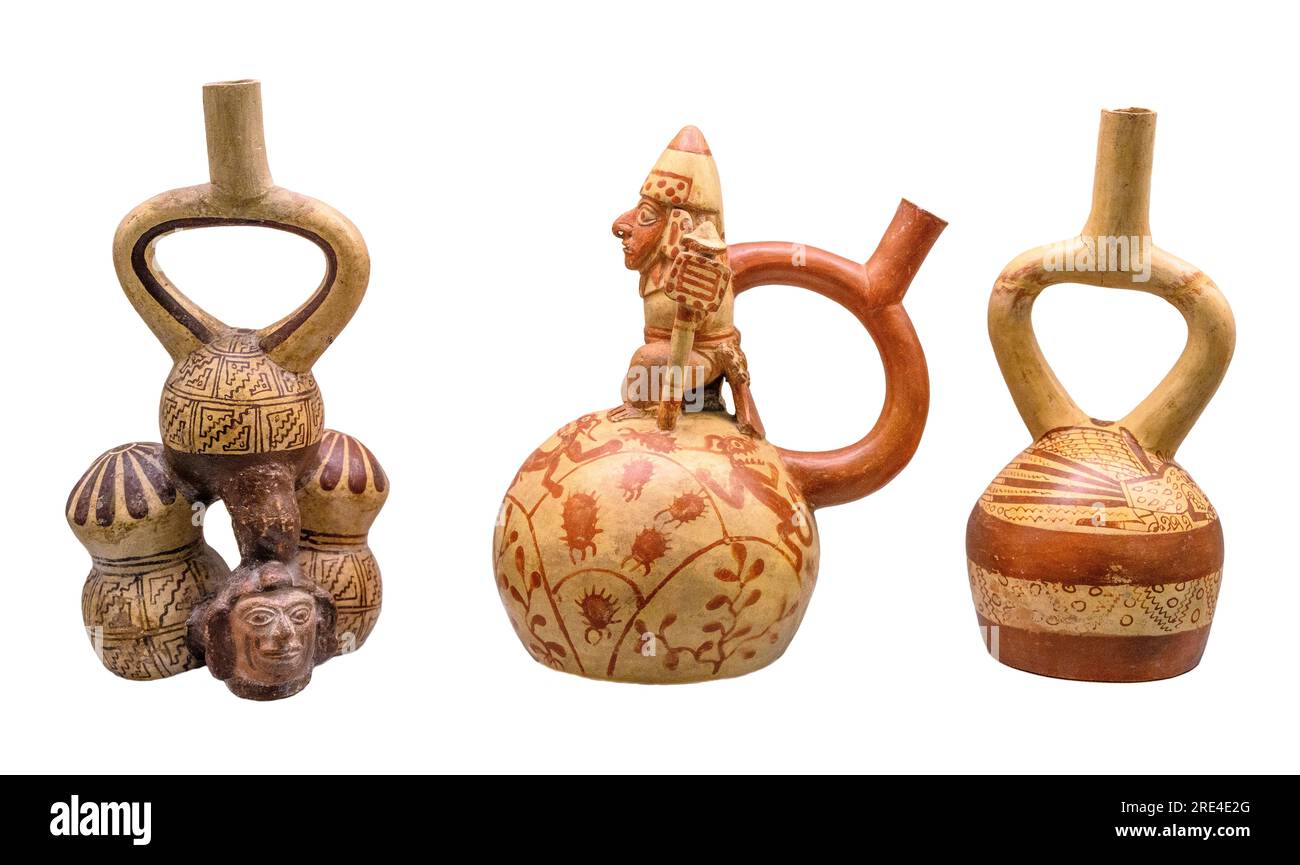 Lackierte Keramik-Stirrup-Auslaufgefässe aus der Mochica-Kultur Perus. Frühe Zwischenperiode zwischen 100 v. Chr. und 1700 n. Chr. Stockfoto