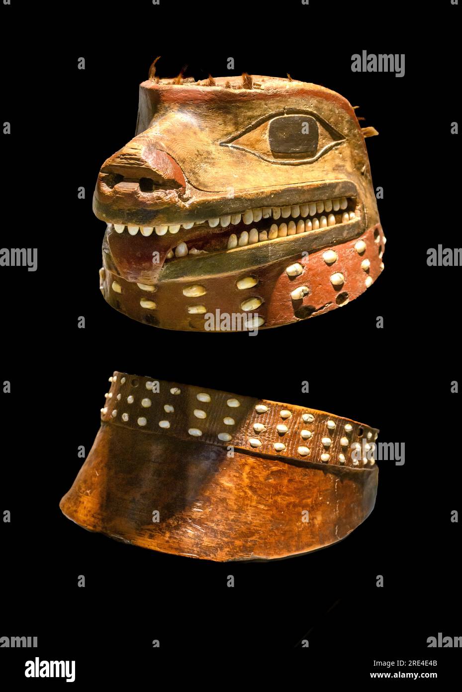 Helm und Kragen mit Darstellung eines Wolfskopfes, aus Holz, Muscheln und Pferdehaaren. Tlingit-Indianer, Nordwestküste von Nordamerika. 18. Cen Stockfoto