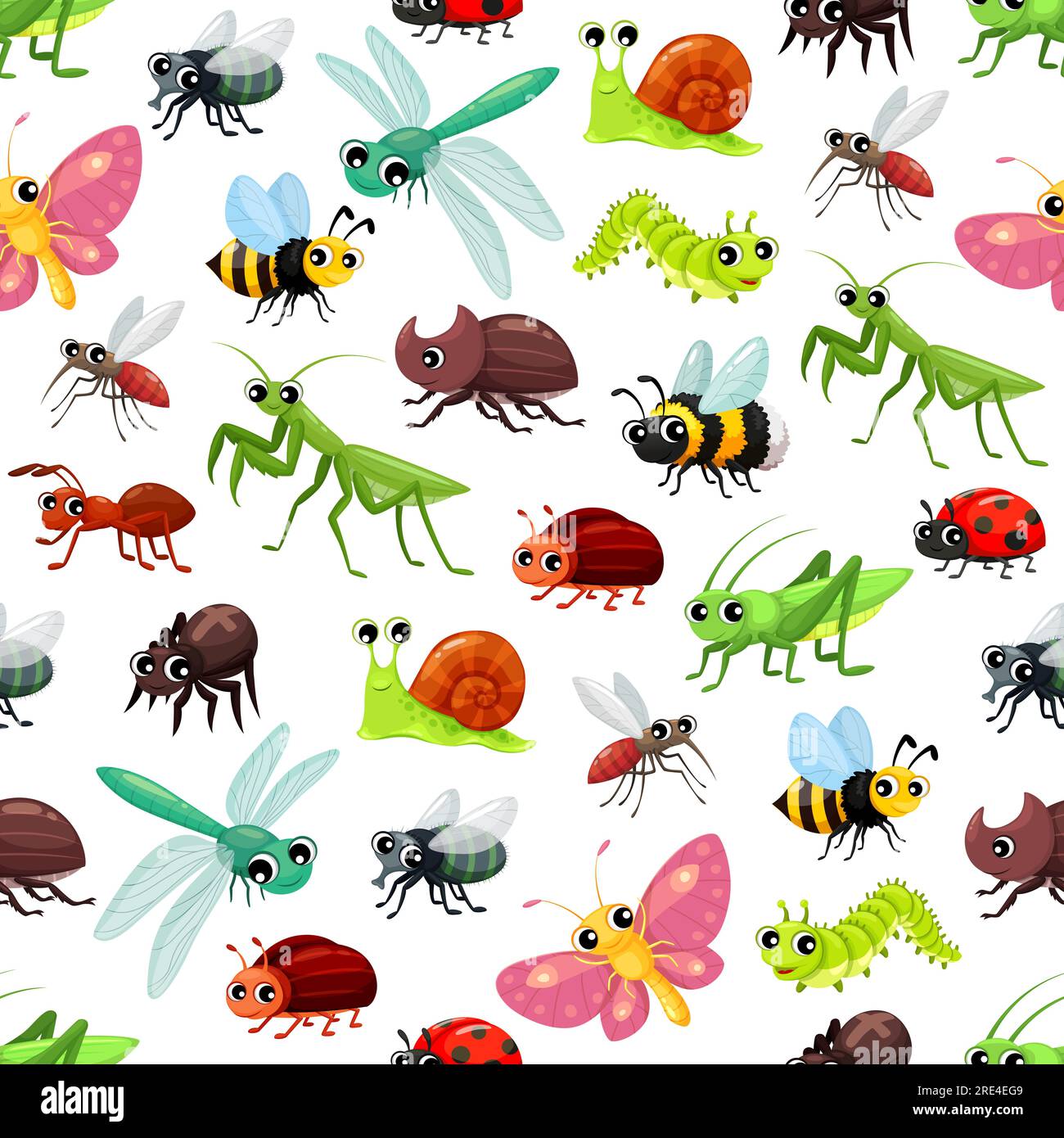 Cartoon-Insekten mit nahtlosem Muster, Schmetterling und süßen Insekten Vektorhintergrund. Käfer, Fliege und Libelle mit lustigem Marienkäfer oder Marienkäfer, Biene und Hummel, Motte und Spinne mit fröhlicher Schnecke im Muster Stock Vektor
