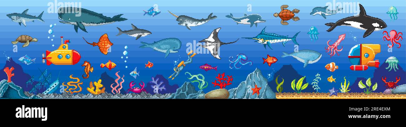 Unterwasser-Pixel-Spieloberfläche. Meerestiere und Fische, Seetang und U-Boot. Vector 8bit Computerspiel Meereslage mit Hai, Schildkröte, Stachelrochen, Seepferdchen, Orca, Krabben, Kraken und Delfine im Meer Stock Vektor