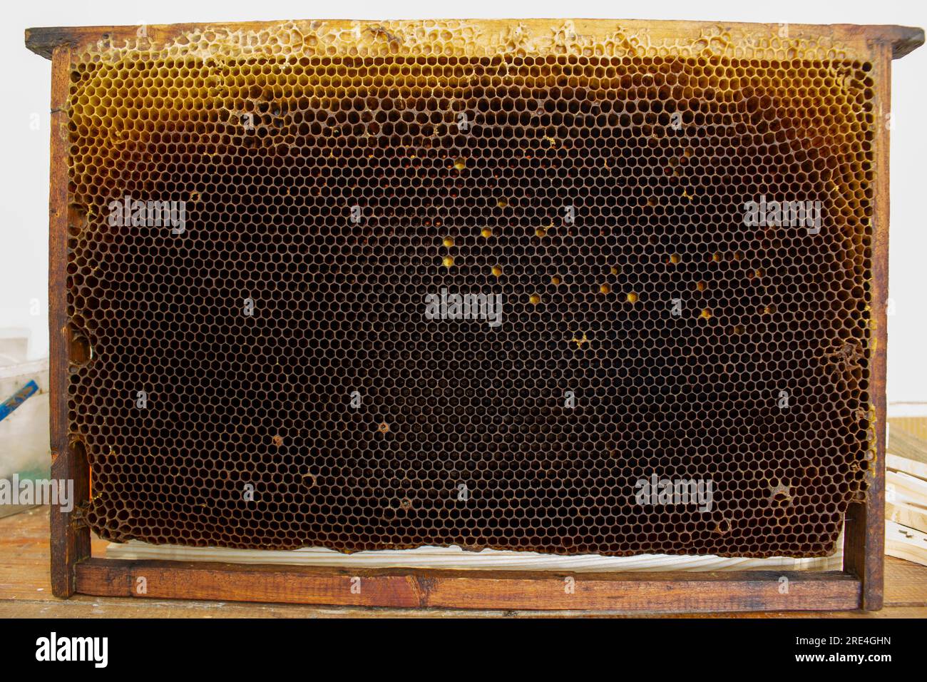 Dunkler Rahmen mit Wabenmuster. Ein alter Bienenstock zum Recycling Stockfoto