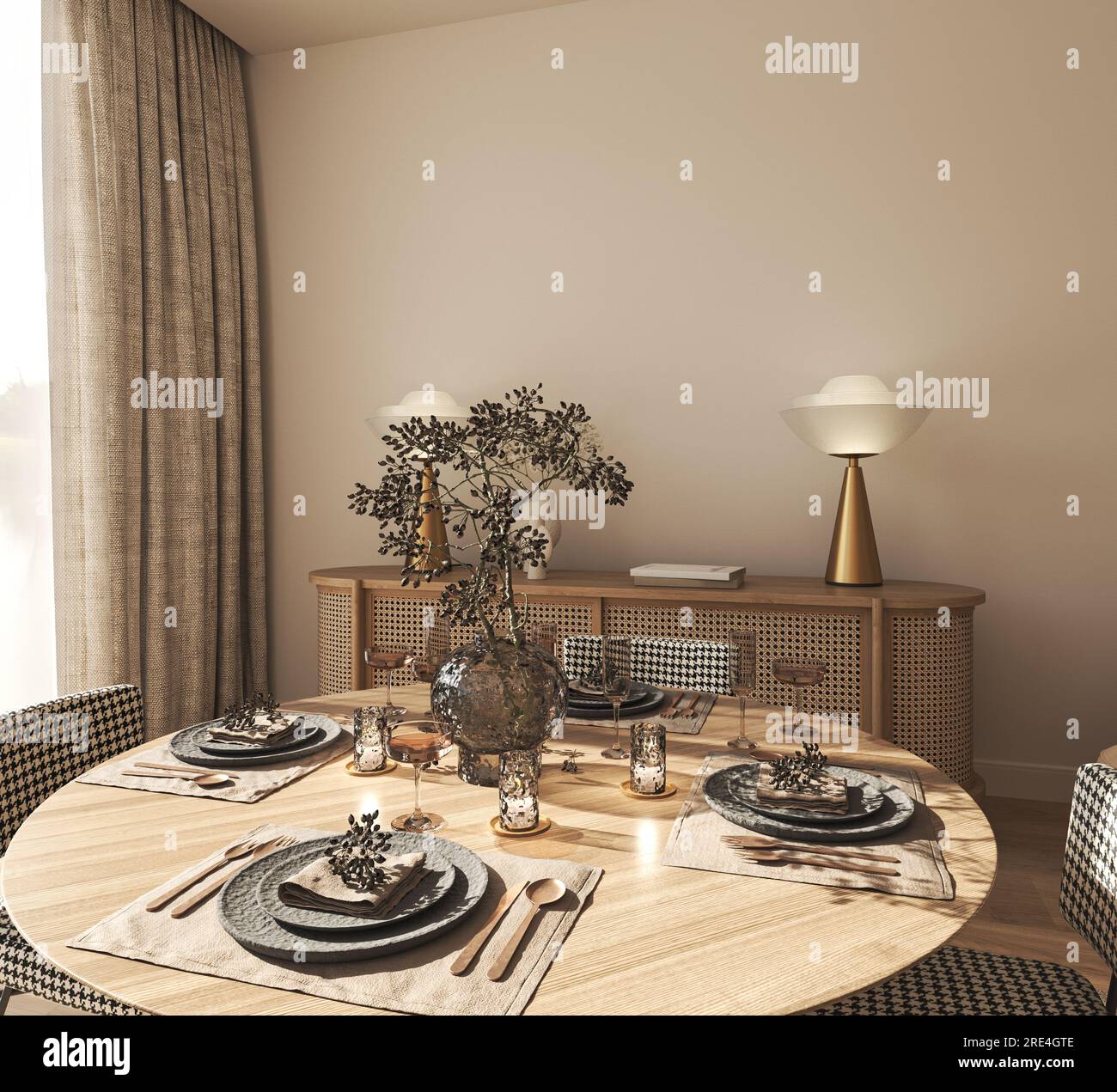 Beigefarbene Wand im modernen Innenraum. Wohnzimmer aus neutralem Holz mit getrockneten Blumen, Kommode, Lampe und Inneneinrichtung. 3D-Rendering. Hoch Stockfoto