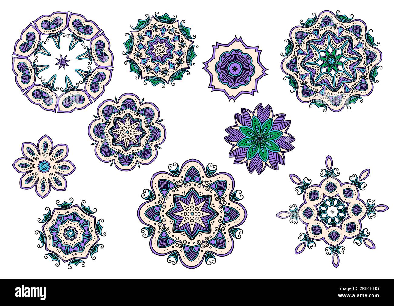 Mandala-Blumendekorationen mit Vektorpaisleymuster indischer und arabischer ethnischer Blumen. Runde Spitzenverzierungen mit grünen und violetten geometrischen und persischen Stammesmotiven, arabischen Locken und Blättern Stock Vektor