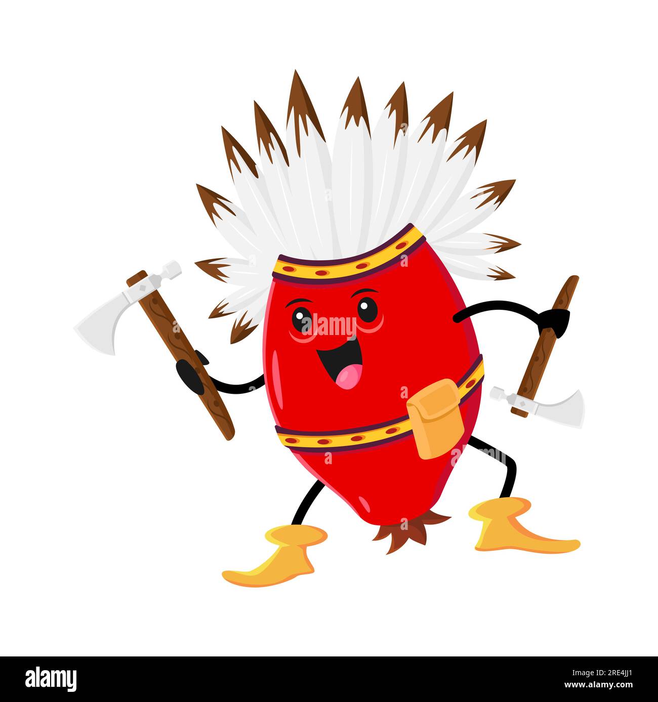 Cartoon-Rosehip-Beere, indianischer Charakter. Isolierter Vektor indischer Wilder Westen Rosehip trägt ein Federkopfband und hält Äxte in den Händen. Natürliche gesunde Vitamin-Food-Personage im Tribal cherokee-Kostüm Stock Vektor