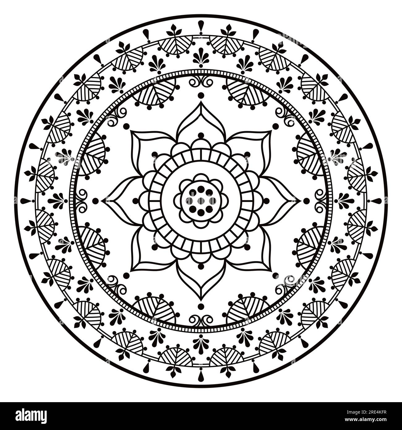 Skandinavische Mandala mit Blumen und Blättern, Vektorstickerei im folkloristischen Stil - perfekt für Grußkarten oder Hochzeitseinladungen in Schwarz-Weiß Stock Vektor