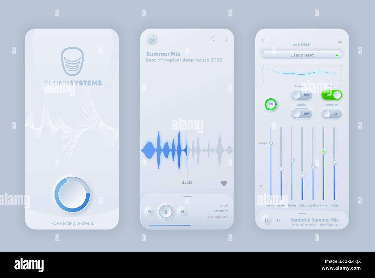 Neomorphe Schnittstelle für Vektor-Musik-Player-App. UI-Recorder-App Wiedergabe, Pause, Fernbedienungstasten, Equalizer-Schallwelle, Musik-Audio-Frequenzkurve. Grafik-Panel für digitale Player im Studio Stock Vektor