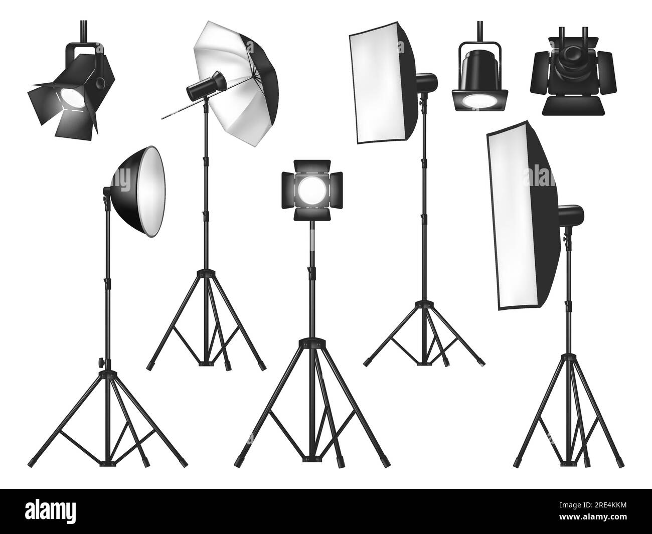 Beleuchtungsgeräte für Fotostudios und Lichter isolierte Vektorobjekte. Realistische 3D-Spots und Stative mit Blitzlampe, Reflektor und Softbox, Schirm und Flutlicht, Beleuchtungssatz für Fotografen Stock Vektor