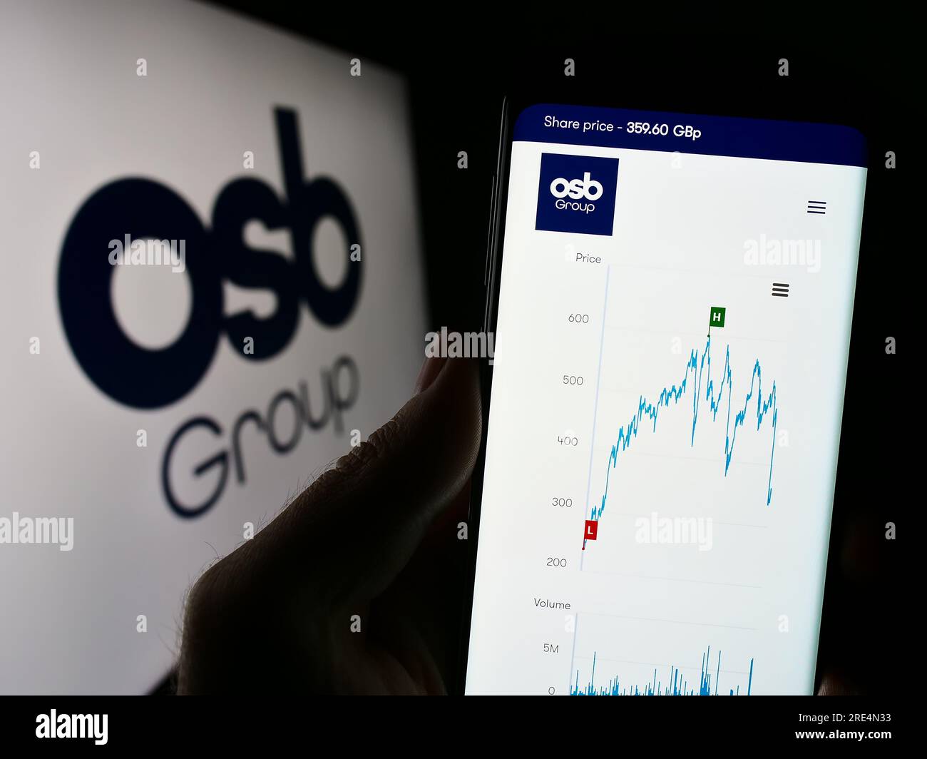 Person, die ein Mobiltelefon mit der Webseite des britischen Finanzunternehmens OSB Group plc auf dem Bildschirm vor dem Logo hält. Konzentrieren Sie sich auf die Mitte des Telefondisplays. Stockfoto
