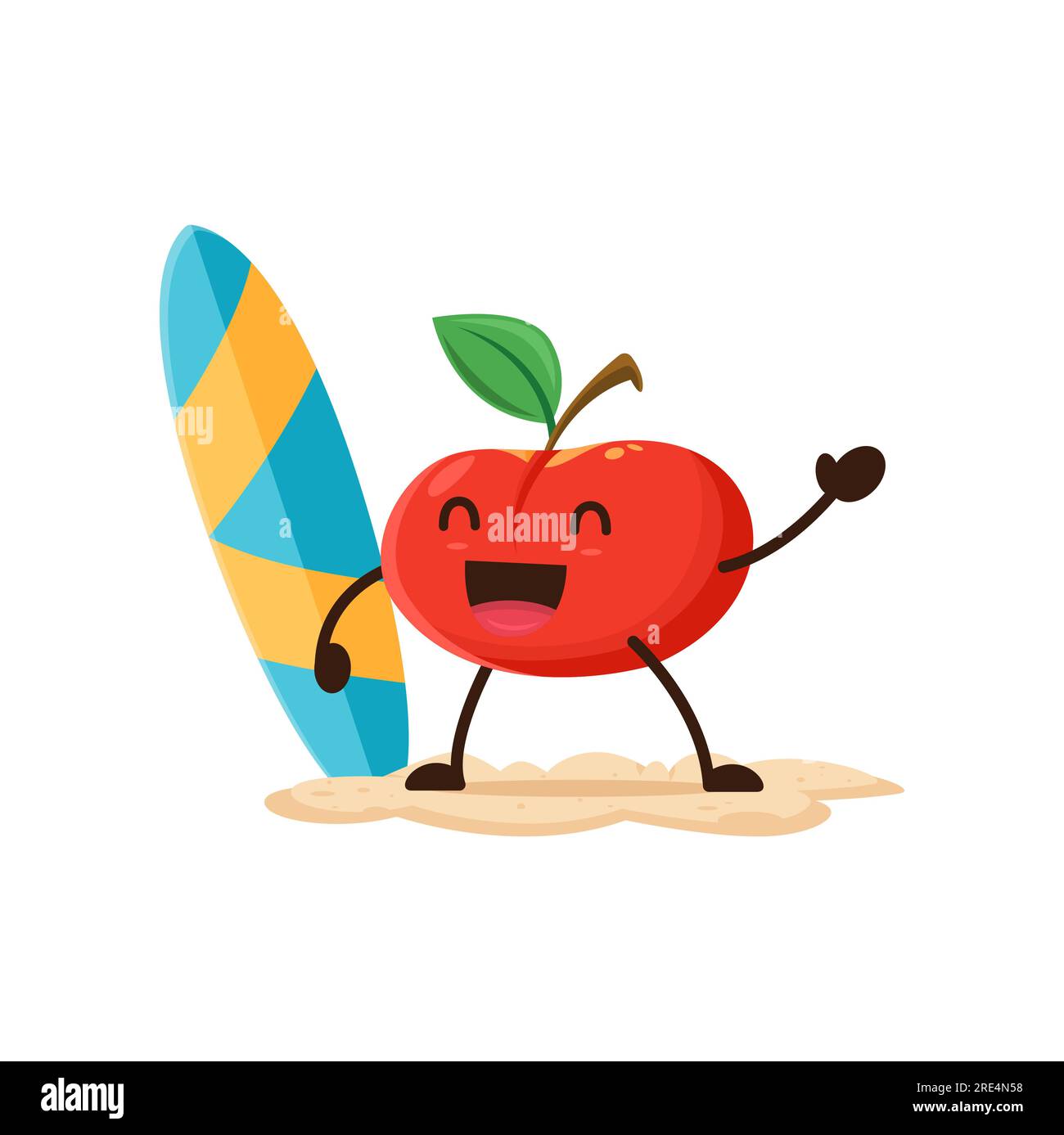 Apfelfrucht-Cartoon-Charakter Surfer Outdoor-Unterhaltung und Entspannung im Oceanfront Resort. Gesundes Comic-Essen mit Surfbrett auf dem Meer während des Sommerurlaubs Stock Vektor