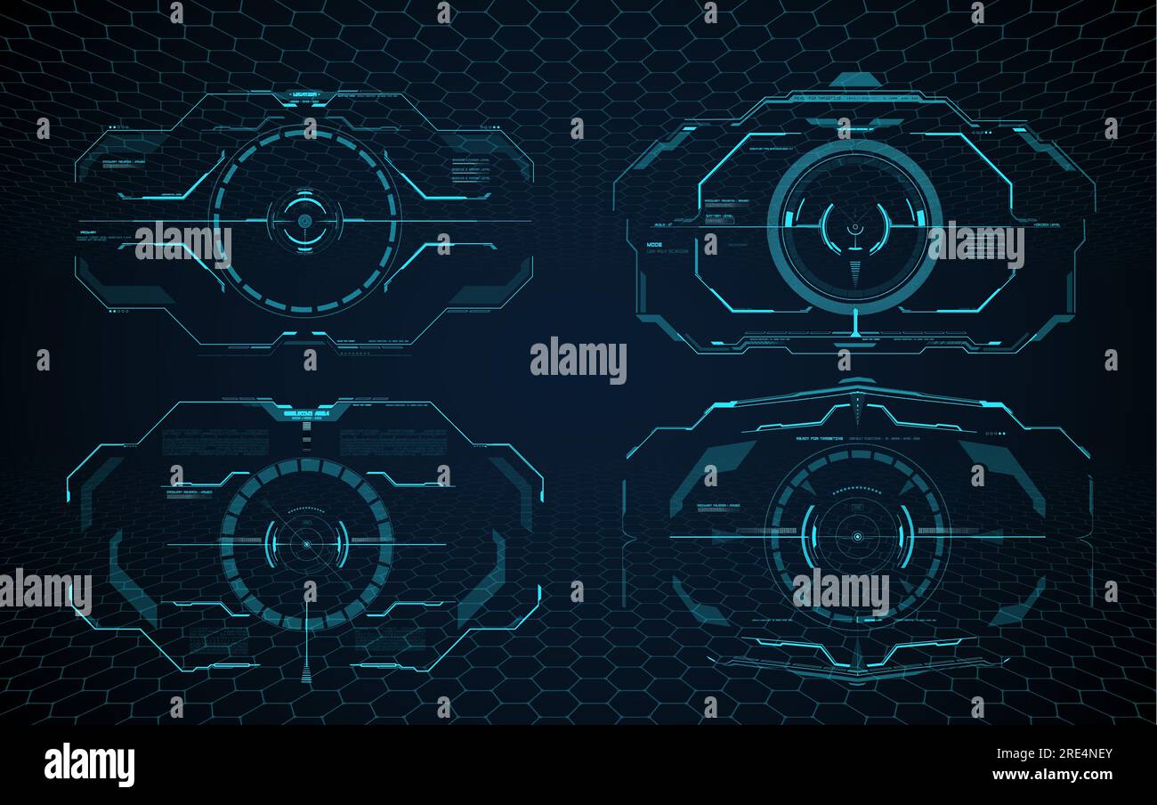 HUD AIM-Steuerungsrahmen-Schnittstelle, futuristischer Zielbildschirm. Vektor-Ski-Fi-Monitor, militärisches optisches Zielen, Raumschiff-Fadenkreuz. Modernes Techno-UI-Element, Kollimatorvisier, Anzeige des Fokusbereichs der Pistole Stock Vektor