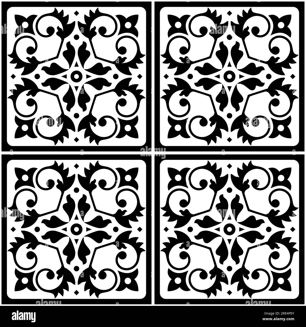 Vektormuster in Lissabon im Azulejo-Stil in Schwarz und Weiß, elegantes, dekoratives Design inspiriert von Kunst aus Portugal, Blumenfliesen Stock Vektor