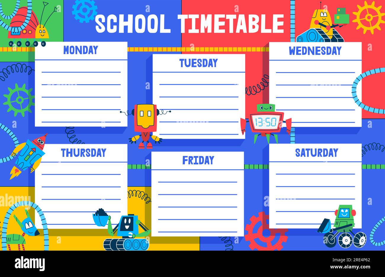 Zeitplan, Zeichentrickroboter und Droiden Wochenkalender von Schulunterricht. Vektorplan der Schülerausbildung mit niedlichen Roboterspielzeugen und Weltraum-Monster-Maschinen. Lektionsplaner für farbigen Hintergrund Stock Vektor