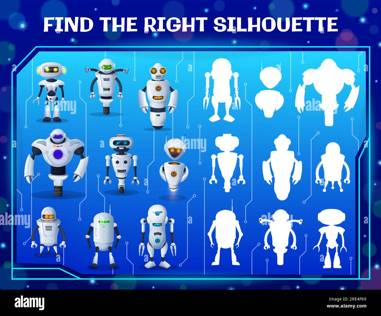 Finde das richtige Roboter-Silhouetten-Labyrinth für Kinder. Ein Schatten-Match-Vektorrätsel mit Cartoon-ai-Cyborgs. Logiktests mit Androiden und künstlichen Intelligenz-Bots. Aufgabe der kindlichen Gedankenentwicklung Stock Vektor