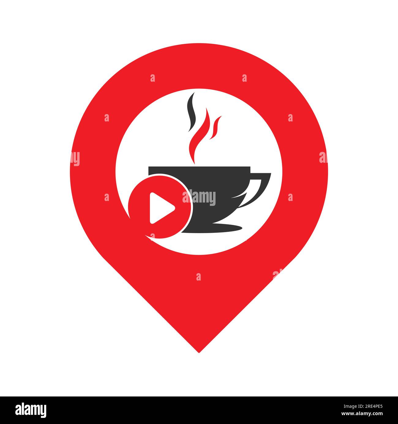 Coffee Play gps-förmiges Logo-Design. Kaffee-Logo mit einem Vektor für die Musikwiedergabe. Stock Vektor