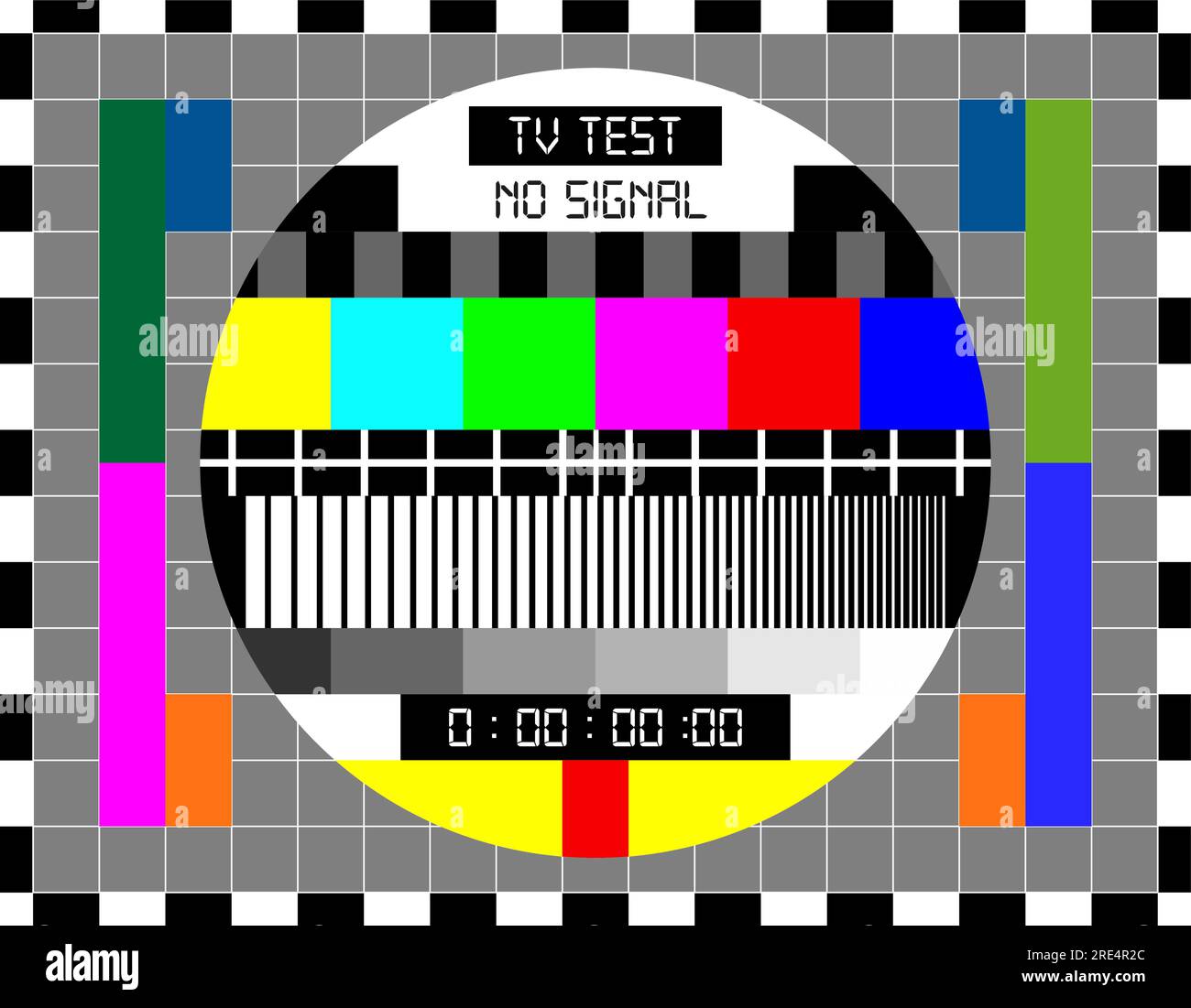 TV-Signal-Testbildschirm für Retro-TV-Übertragungstechnologien. Vektortestkartenmuster mit kalibrierten Farbbalken, Graustufen und Raster in schwarzem und weißem Rahmen. Hintergrund der alten TV-Testkarte Stock Vektor