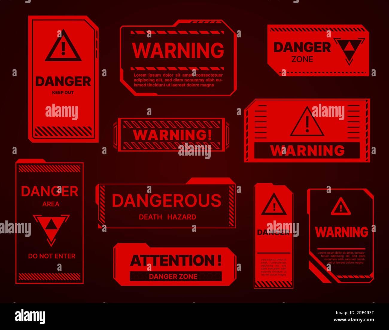 HUD-Gefahrenzone, rote Warnzeichen und Warnhinweise. Vector Achtung, fernhalten, Todesgefahr, nicht in die futuristische Ski-Fi-UI-Schnittstelle eintreten. Elemente im modernen Technologiestil, Popup-Alarmbildschirme Stock Vektor