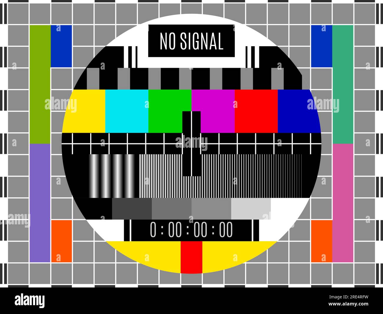 Vektormuster des Fernsehsignaltests. Retro-Testkarte für Fernsehsendungen mit farbigen und einfarbigen Balken in einem Kreis auf grauem Rasterhintergrund mit schwarzem weißem Rahmen. Alte TV-Technologien Stock Vektor