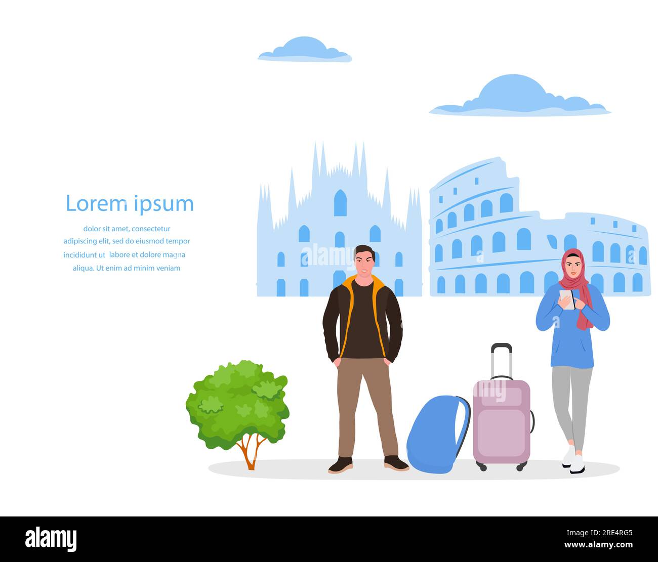 Vektorbildner, muslimische Frau mit Rucksack, Koffer, Handy benutzen. Tourist. Die Leute machen Fotos, Selfies. Italien Europa Sommerurlaub. Trav Stock Vektor