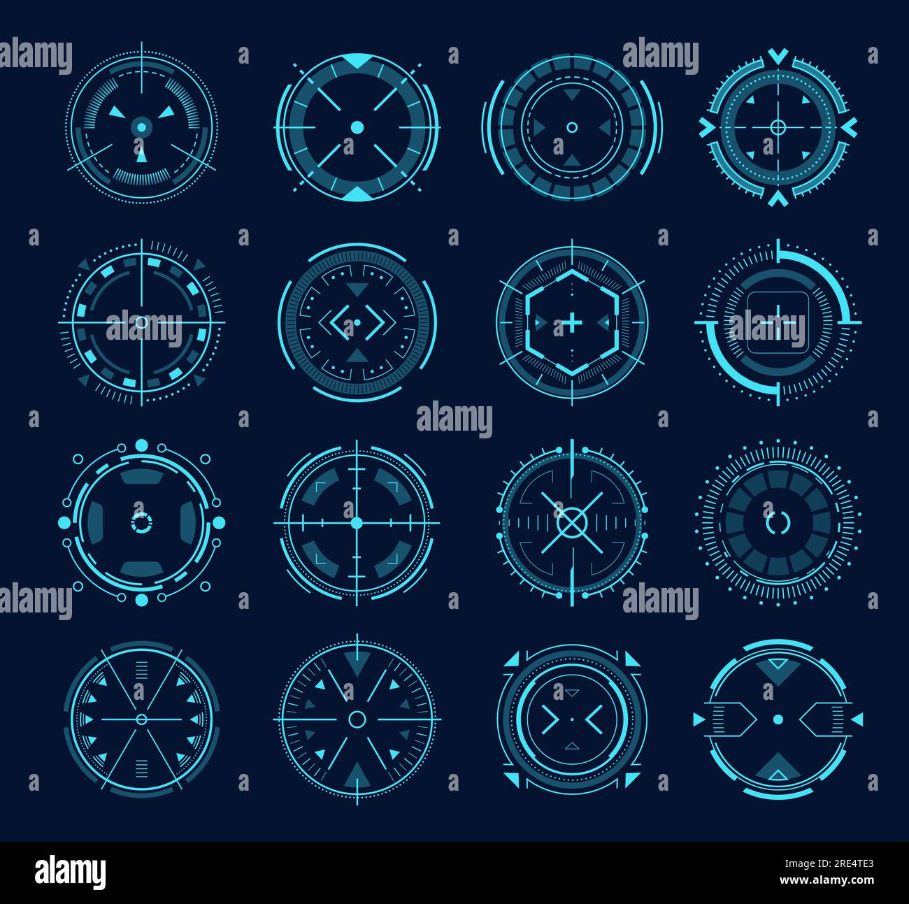 HUD-Zielscheibe, Militärfadenkreuz, Scharfschützenbereich der futuristischen Spiel-ui. Vektorkreise mit digitalen Fokusbereichsindikatoren für die optische Sicht auf moderne Pistolen oder Waffen, Hightech-Zielsystem Stock Vektor