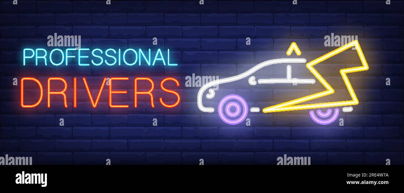 Professionelle Fahrer mit Neontext, Taxi und Blitz Stock Vektor