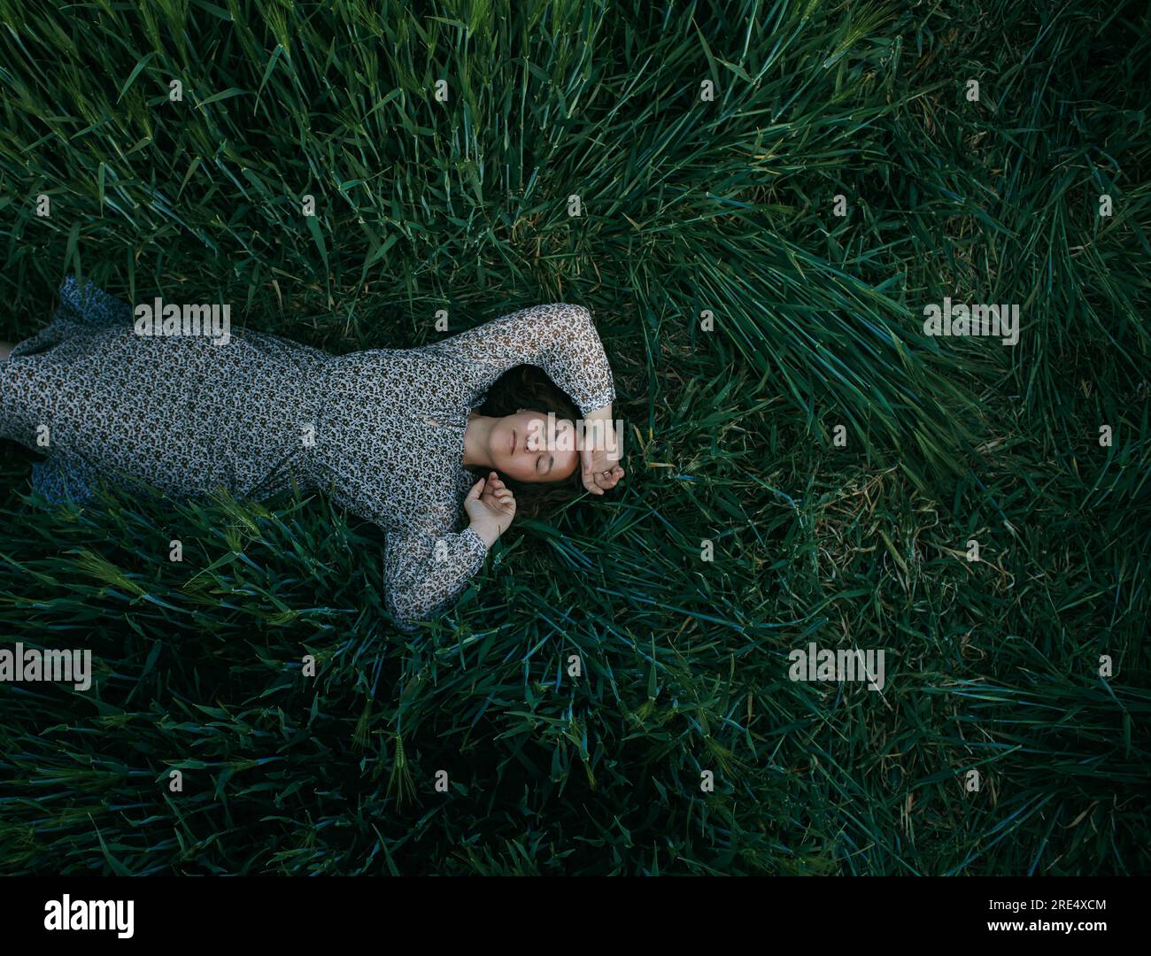 Ein junges Mädchen liegt auf einem grünen Weizenfeld. Stockfoto