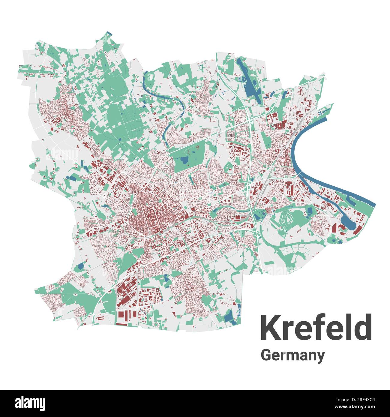 Stadtplan Krefeld innerhalb der Verwaltungsgrenzen. Detaillierte Stadtkarte mit Gebäuden. Stock Vektor