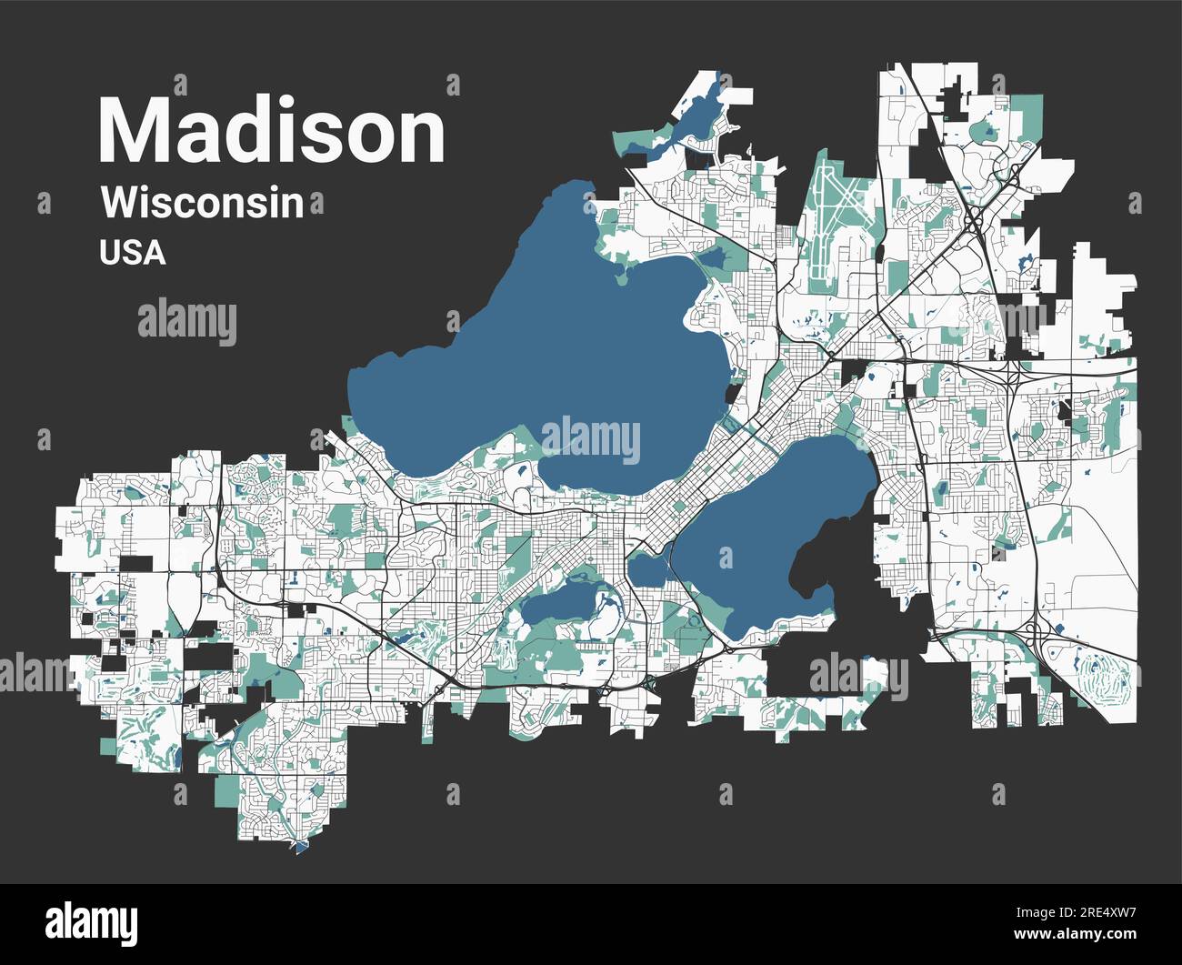 Madison MAP, Hauptstadt des US-Bundesstaates Wisconsin. Stadtplan mit Flüssen und Straßen, Parks und Eisenbahnen. Vektor-Illustration Stock Vektor