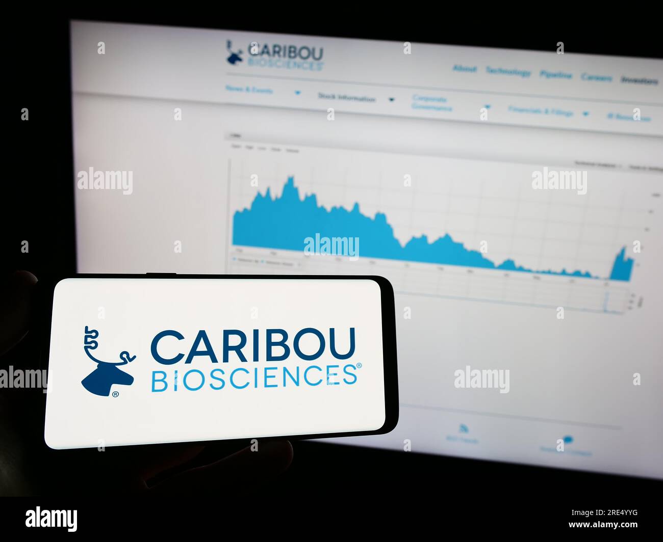 Person, die ein Mobiltelefon mit dem Logo des amerikanischen Unternehmens Caribou Biosciences Inc. Auf dem Bildschirm vor der Webseite hält. Konzentrieren Sie sich auf das Display des Telefons. Stockfoto
