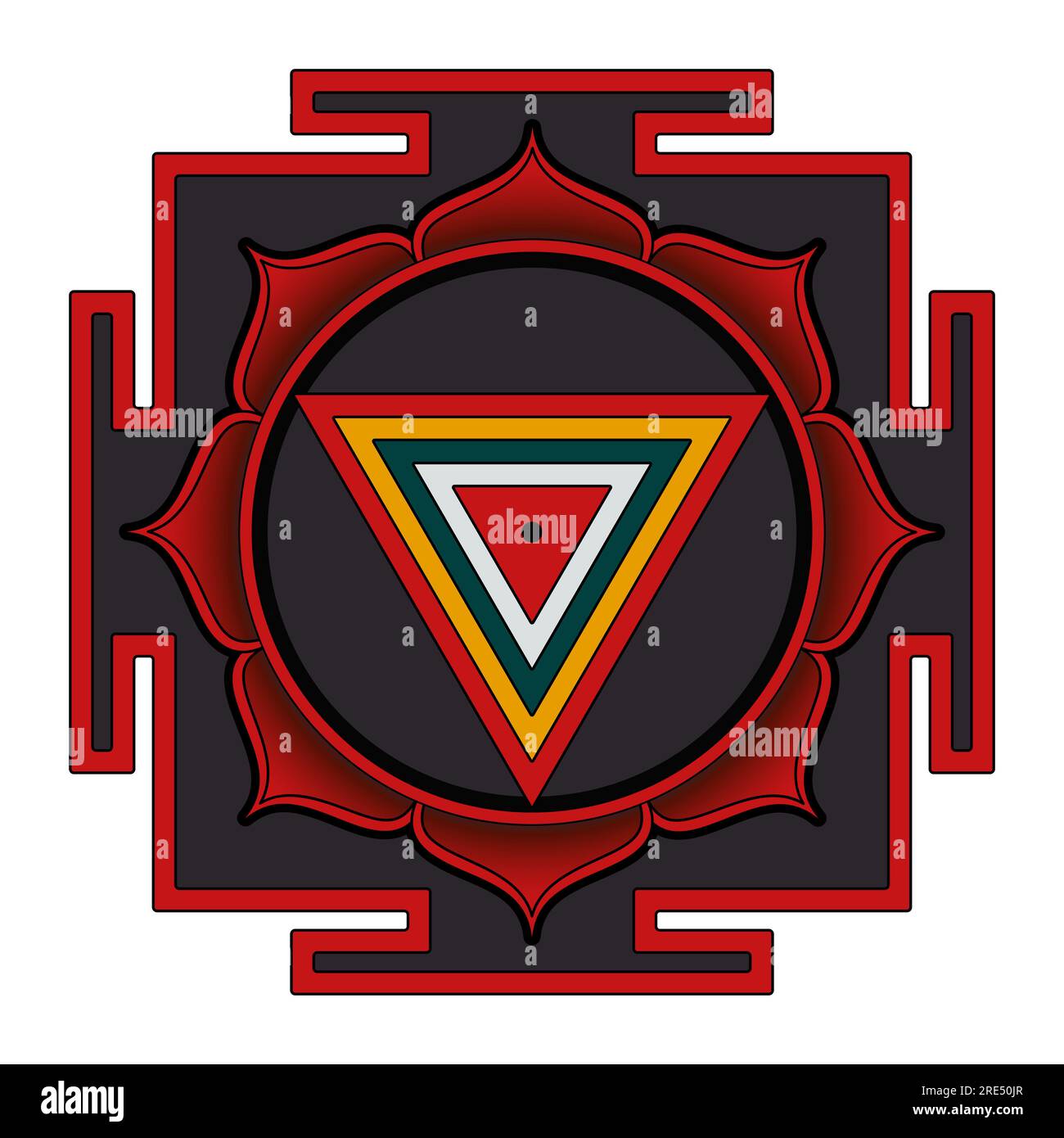 Kali Yantra, farbiges Hindu-Diagramm der Urenergie. Göttin Kali erscheint in ihrem Yantra im zentralen Punkt bindu, als bewusste Quelle. Stockfoto
