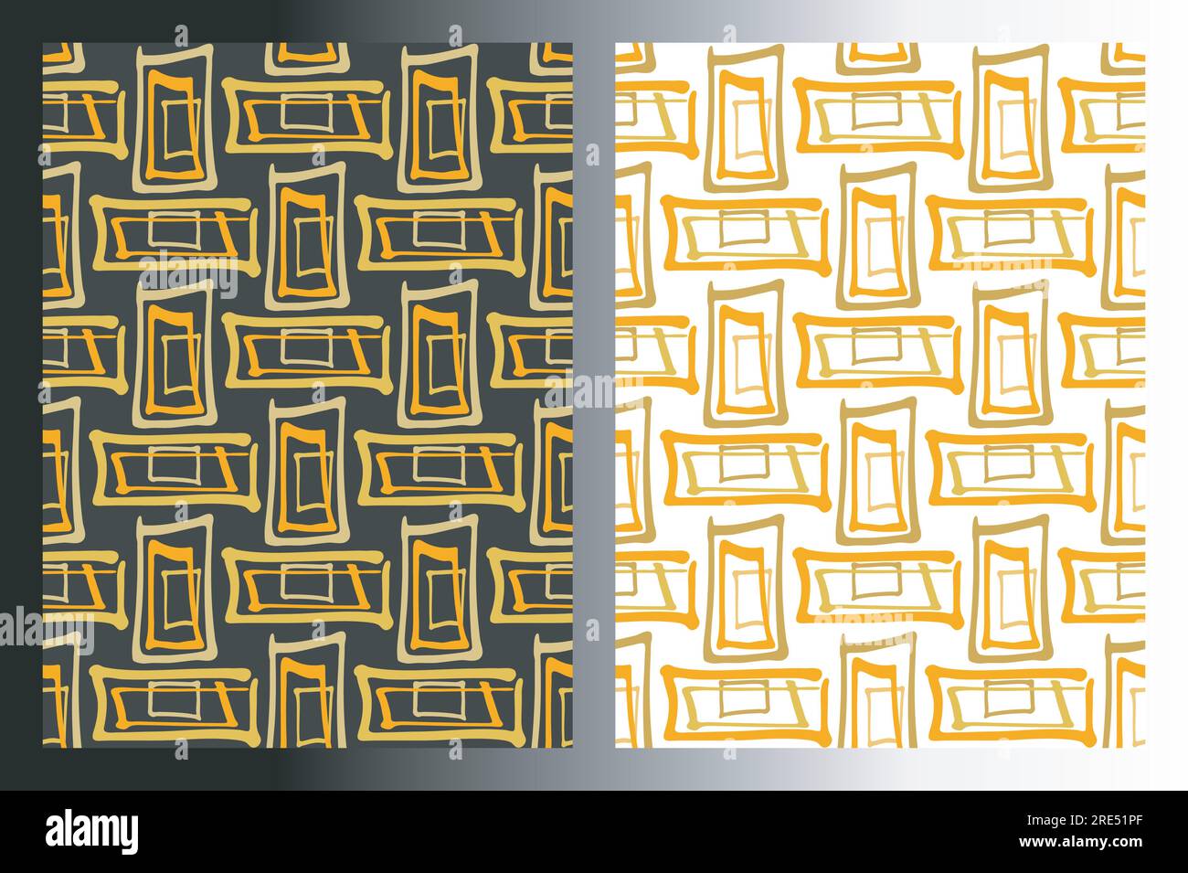 Nahtlose geometrische Rechteckmuster, 2-teiliges Set. Handgezeichnete Pinsellinie, Zeichentrickfilm-Stil, Farbpalette Gelb-Gold-Orange. Weiß Stock Vektor