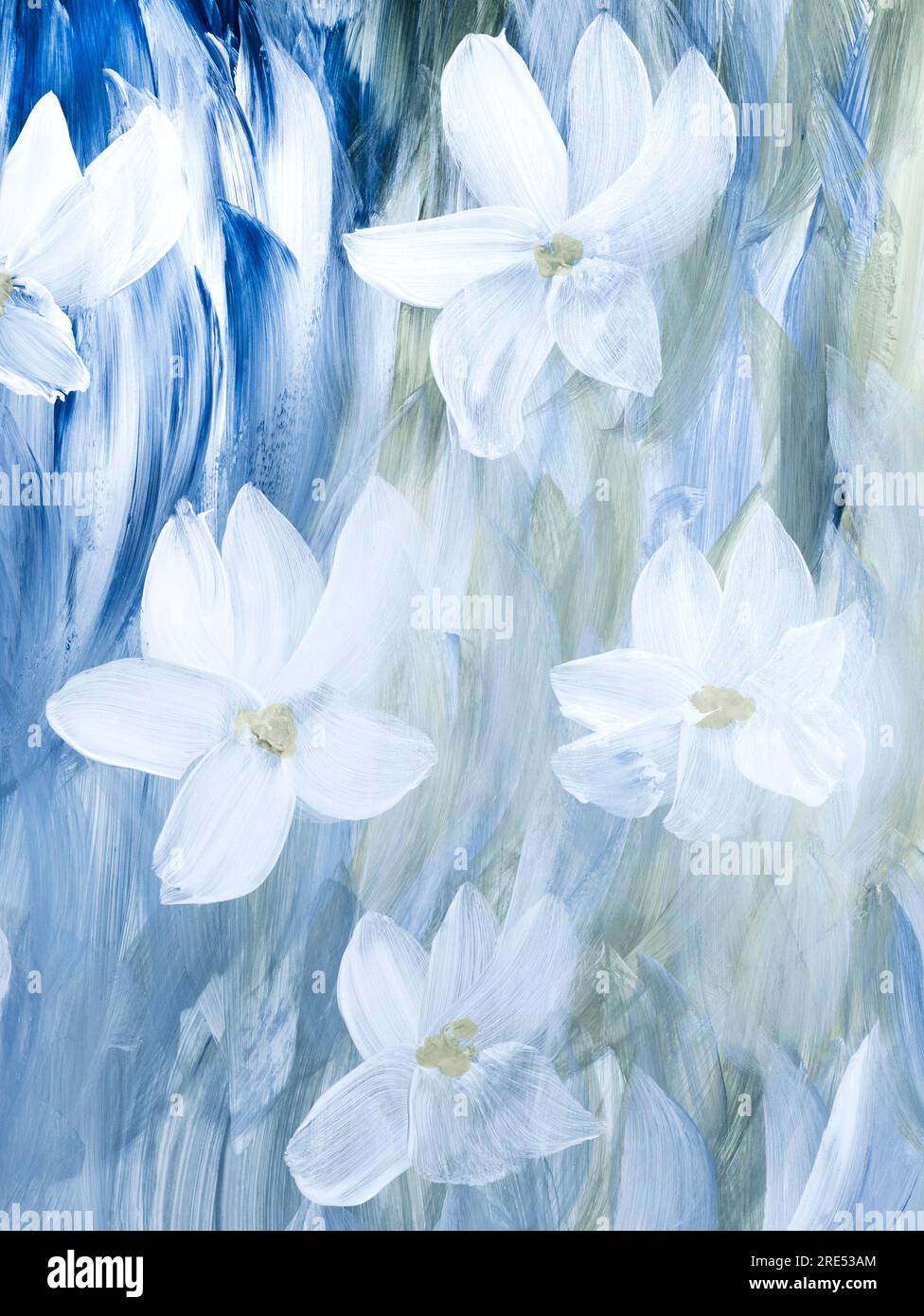 Abstrakte weiße Blüten auf Blau, handgezeichnet, impressionistischer Stil, Farbstruktur, Pinselstriche von Farbe, Kunsthintergrund. Moderne Kunst. Contempo Stockfoto