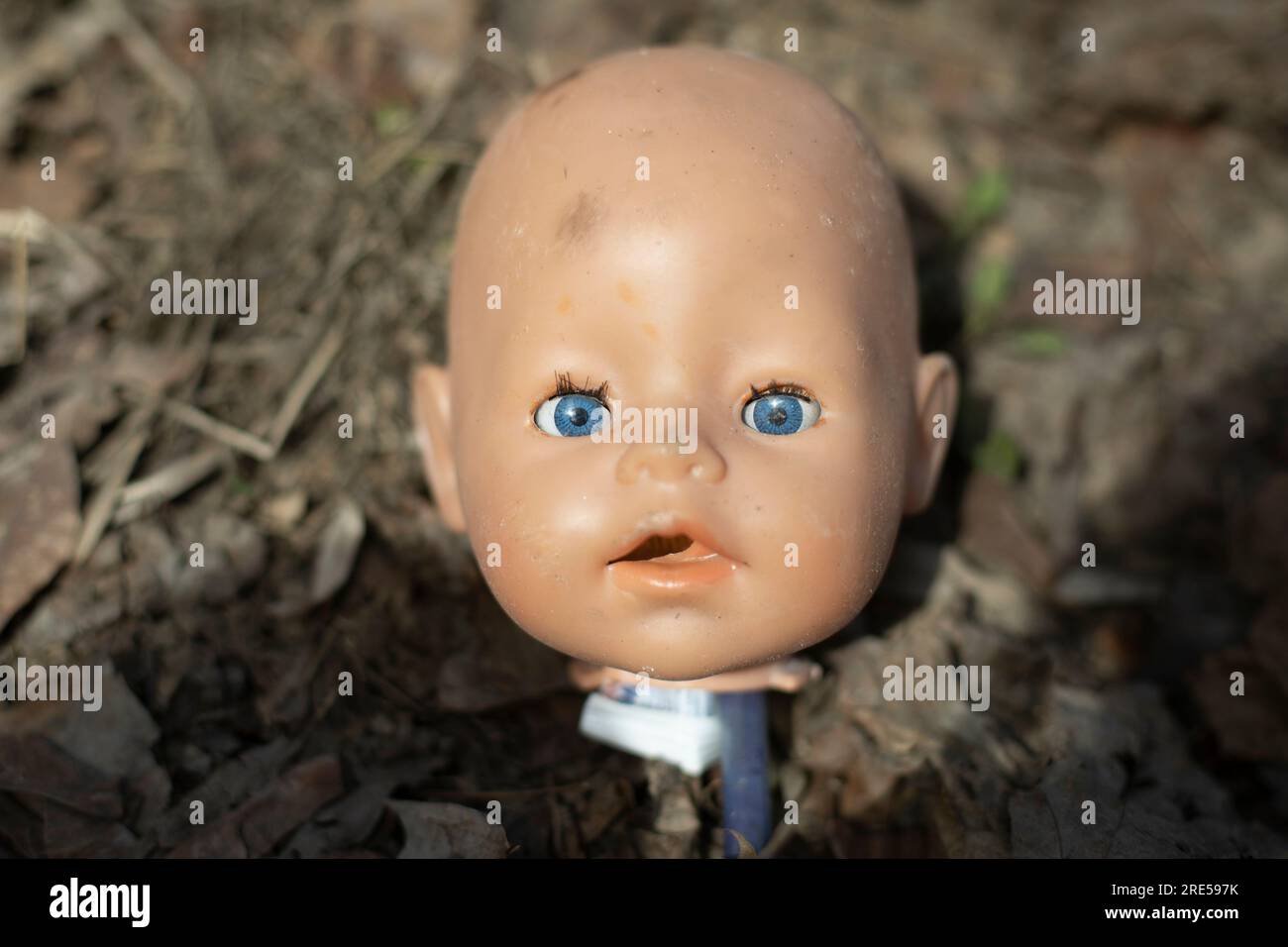 Puppenkopf. Spielzeugbaby. Babykopf aus Plastik. Verlassenes Spielzeug. Stockfoto