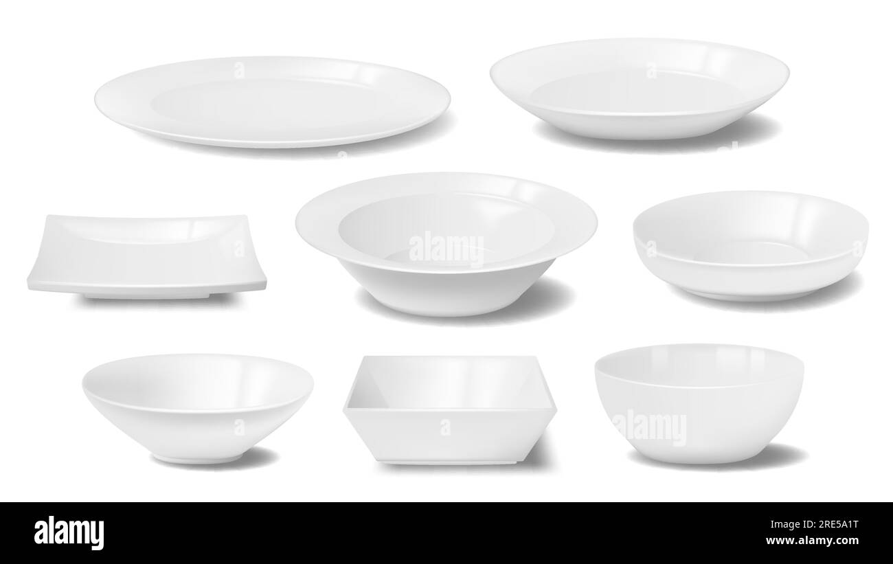 Weißer Teller, Geschirr und Schüssel realistische Modelle von Vektorgeschirr und Geschirr. Leere saubere Keramik- oder Porzellanteller, quadratisches und rundes Geschirr, Restaurant- und Haushaltsgeschirr Stock Vektor
