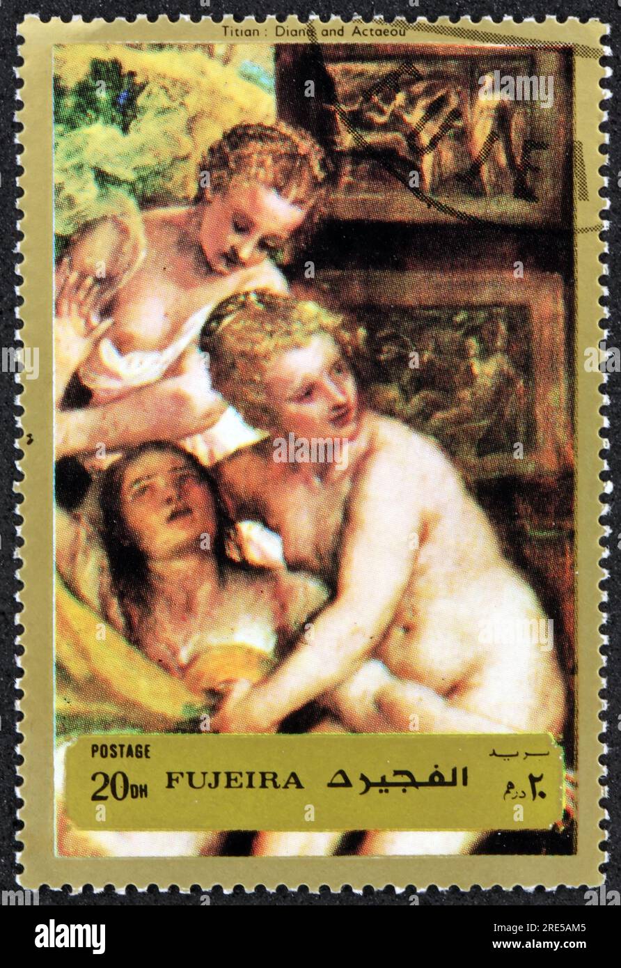 FUJEIRA - CA. 1972: Ein in Fujeira gedruckter Stempel zeigt Diana und Callisto, Gemälde von Tizian, (1488/90-1576), italienischer Maler, ca. 1972 Stockfoto