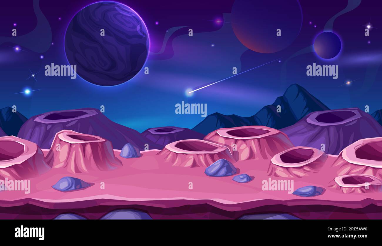 Cartoon Planetenoberfläche mit Kratern, Weltraumhintergrund. Vektorlandschaft mit rosa oder lila Kratern, fallender Komet in Kosmos und Planetenkugeln im Universum. Futuristische Computerspiel-kosmische Szene Stock Vektor