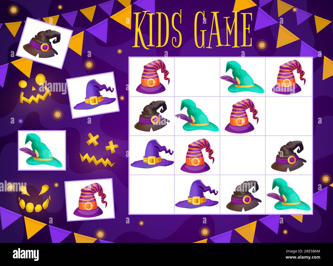 Halloween-Kinderlabyrinth-Spielassistent und Hexenhut-Sudoku-Rätsel für Kinderaktivitäten. Vektorschule, Kindergartenpädagogik, wie viele Zauberer auf einem karierten Brett haben. Cartoon-Brettspiel-Arbeitsblatt Stock Vektor