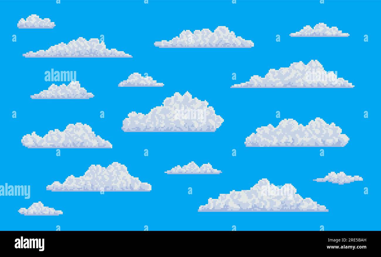 Weiße Pixel flauschige Luftpolsterwolken am blauen Himmel. 8-Bit-Art-Spiel Vektor-Hintergrund des bewölkten Himmels mit Mine-Craft-Blockwolken, verpixelte Wolkenlandschaft mit Mosaikstruktur, Arcade-Videospiel-ui Stock Vektor